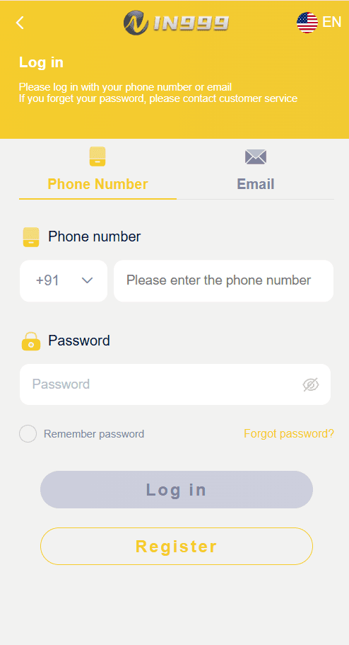 IN999 login screen with phone number and password
