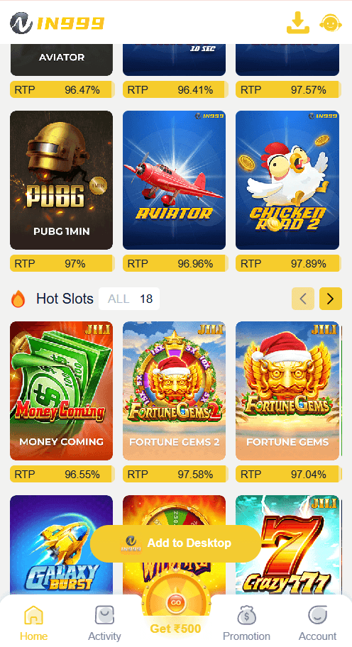 IN999 game grid with RTP bars after login