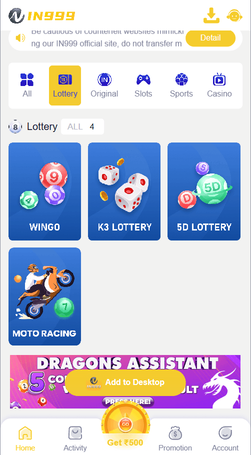 IN999 lottery and colour prediction games WinGo K3 5D