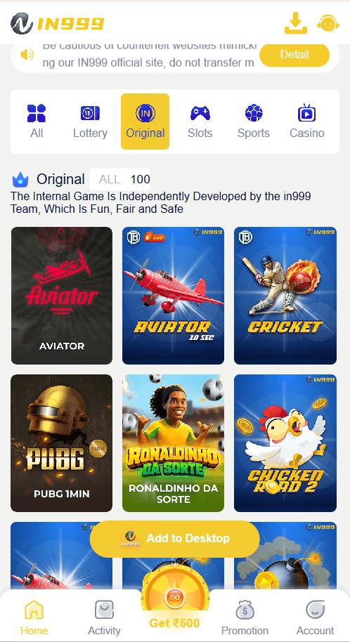 IN999 original games including Aviator and cricket