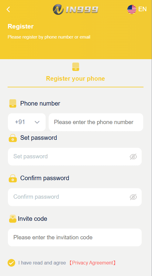 IN999 register form with phone, password, confirm password and invite code