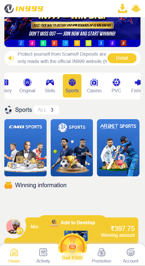 IN999 sports with cricket and football
